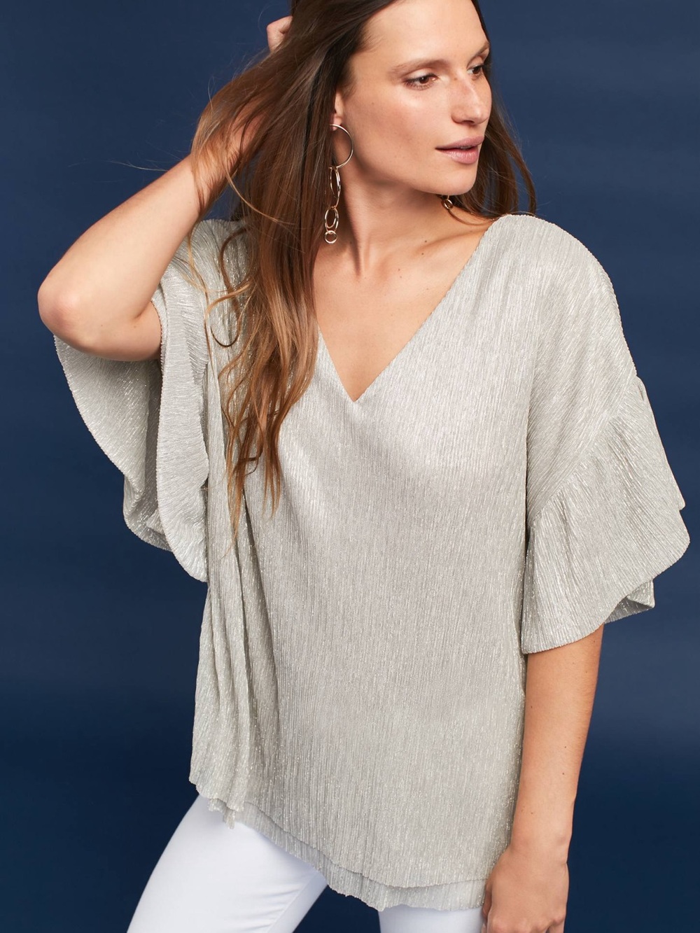 Anthropologie Metallic Silver V-Neck Flutter Sleeve Tunic